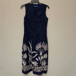 Elegant Sleeveless Navy Linen Dress with Cream Floral Design Size 0